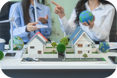 People discussing model homes and sustainable property development